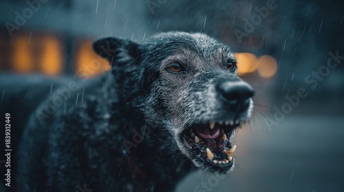 Snarling Dog in Rainy Urban Night