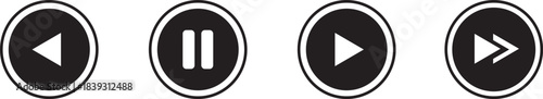 Media player control button set. Play, pause, fast forward, and rewind music video interface vector icons.
