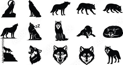 Collection of various wolf silhouettes in different poses and expressions