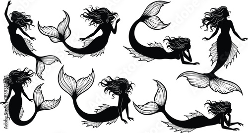 Beautiful mermaid silhouette collection featuring flowing hair, elegant fins, underwater fantasy poses, detailed tails and mystical sea elements for creative artwork and illustration projects