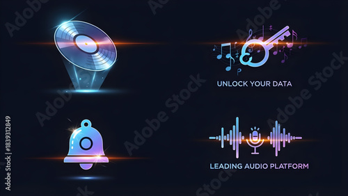 Glowing digital concept icons illustrating music, data security, notifications, and advanced audio technology in a futuristic holographic style