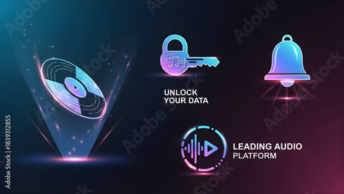 Digital security and data protection concept with unlocking data, locked key, and notification bell symbols