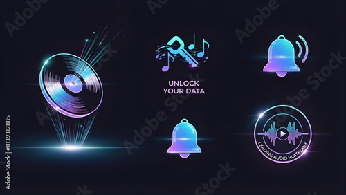Digital audio icons vinyl record, key, music note, bell, and sound wave equalizer