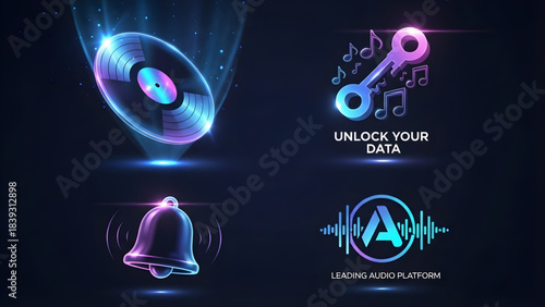 A collection of holographic icons representing digital media, security, communication, and audio platforms on a dark background