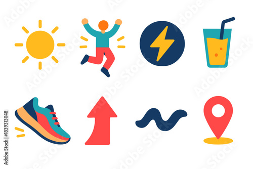 Energizing Morning Icons. Morning Energy flat set: bright sun, energized jump, power spark, active shoe, refreshing drink, motivation arrow, upbeat wave, start marker.