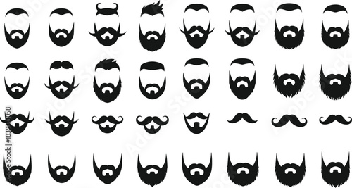Collection of beard and mustache silhouettes featuring various male facial hair styles, grooming icons, barbershop elements, vintage and modern designs set