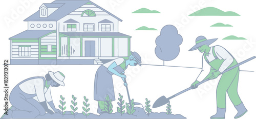Farm Workers in Action, CAD Line People Vector Set.