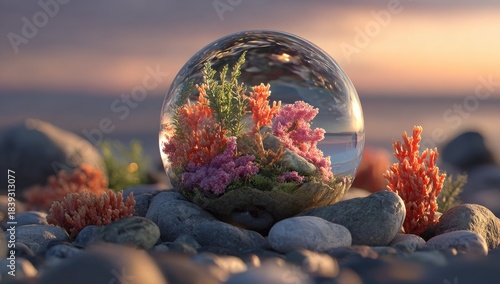 Fototapeta Naklejka Na Ścianę i Meble -  Coastal coral reef ecosystem contained within a glass orb on a rocky beach at sunset