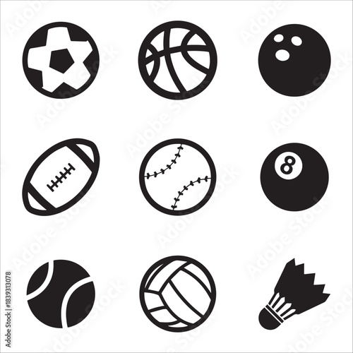 Set Of Sports Ball Icons In Black Style