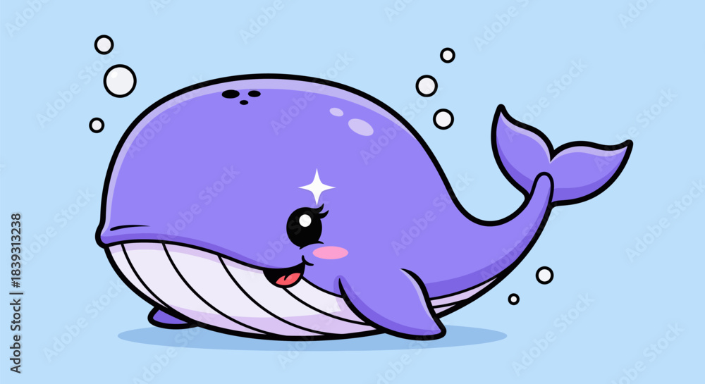 Fototapeta premium Cute purple whale cartoon character with sparkly eyes and a happy smile.