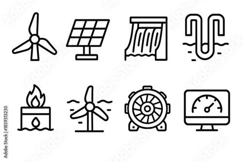 Energy Icons Collection. Electricity Generation Elements linear set: turbine blade, PV module, hydro spillway, geothermal pipe, biomass chamber, tidal rotor, alternator icon,