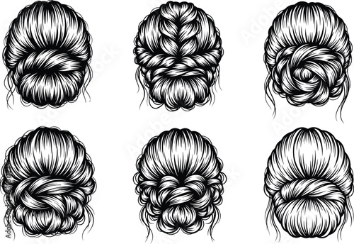 Collection of detailed hair bun illustrations, elegant updo hairstyles in vector style perfect for beauty salons, fashion graphics, styling guides, and design projects