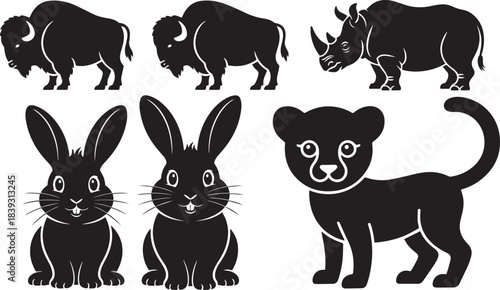A versatile collection of black silhouette icons featuring various wild animals including majestic bison powerful rhinoceros adorable rabbits and a cute big cat cub ideal for diverse design projects