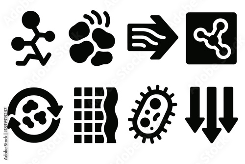 Biological Cleanup Icons. Biological Cleanup Mechanisms silhouette set: enzyme breakdown node, microbial digestion patch, detoxification pathway arrow, pollutant-binding tile,