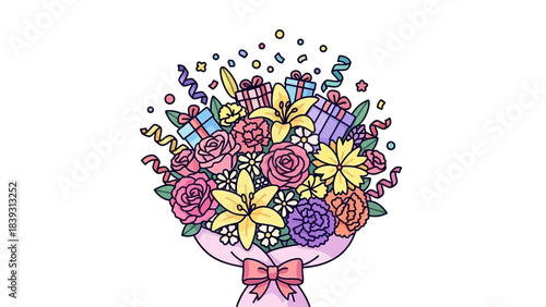 Festive Floral Arrangement: A cheerful bouquet overflows with colorful flowers and ribbons, creating a sense of joy and celebration. With hidden gift adding an element of surprise
