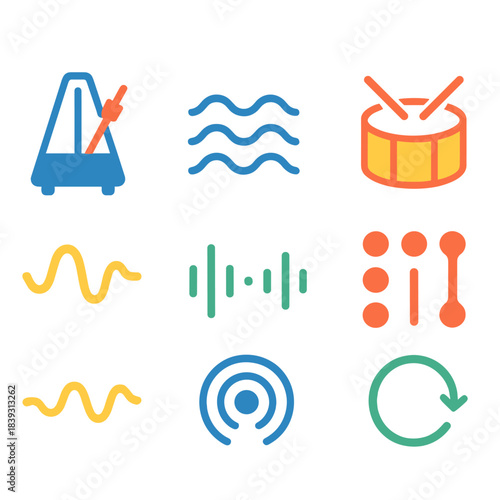 Modern Rhythm Icons. Rhythm Icons Set flat set: metronome, tempo waves, drum outline, beat dots, flowing line, pulse bar, sound ripple, sync arrow.