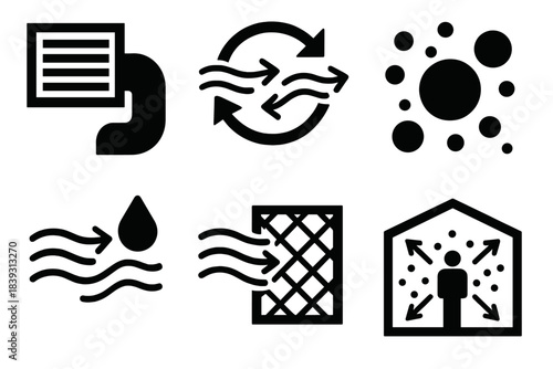 Indoor Airflow Icons. Indoor Aerosol Behavior silhouette set: ventilation duct, airflow loop, fine particle icon, stagnation zone marker, filter screen, indoor spread chart.