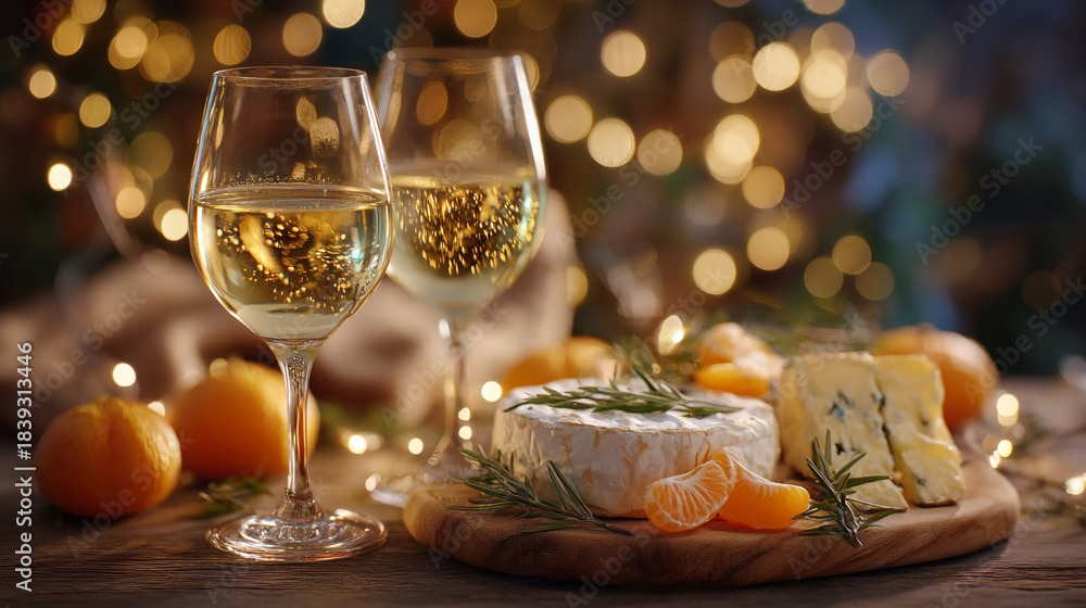 Obraz premium Elegant holiday gathering with wine, cheese, and fruit on a wooden board, with soft bokeh lights in the background.