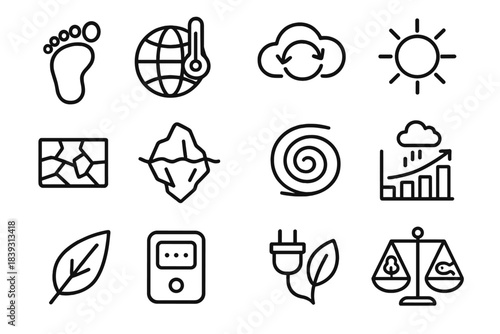 Climate Action Icons. Climate Action Symbols linear set: carbon footprint, globe thermometer, cloud cycle, sun rays, drought-cracked soil, melting iceberg, storm spiral, emissions
