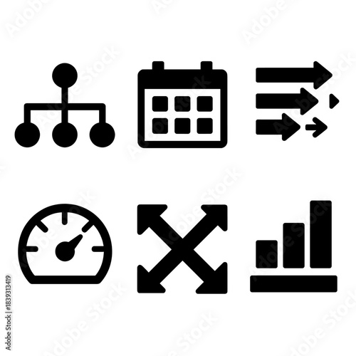Team Dynamics Icons. Coordinated Team Dynamics silhouette set: coordination hub, shared calendar, action queue, team pulse meter, cross-functional arrows, alignment bar.