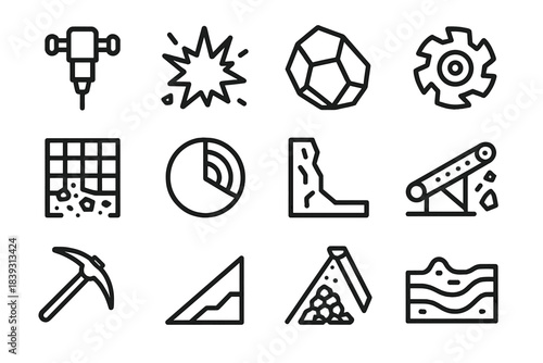 Stone & Soil Icons. Stone & Soil Processing Icons linear set: boring tool, blast pattern, raw stone, crusher rotor, sorting mesh, earth diagram, cut wall, conveyor line, miner’s