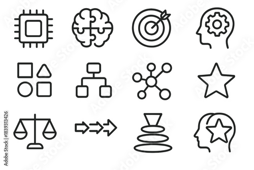 Cognitive Skills Icons. Cognitive Skills linear set: memory chip, brain puzzle, attention target, problem-solving gear, pattern blocks, logic tree, concept map, comparison scales,