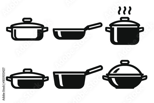 Bold Cookware Icons. Stovetop Cookware Set silhouette set: sauté pot, deep pan, simmering pot, searing skillet, multi-use saucepan, lidded wok.