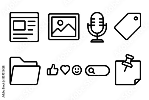 Content Hub Icons. Community Content Hubs linear set: blog post tile, photo gallery frame, podcast mic, article tag, category folder, reactions row, search bar, pin board.
