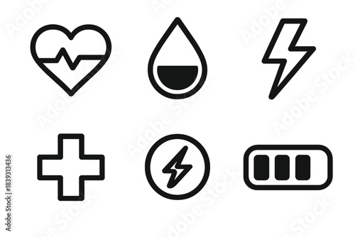 Health, Mana, Stamina Icons. Health, Mana & Stamina Icons linear set: heart gauge, mana droplet, stamina bolt, health cross, energy orb, endurance bar.