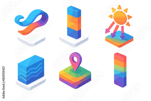 Colorful 3D Gradient Icons. Atmospheric Energy Gradients flat isometric set: elevated wind ribbon, temperature stratification bar, solar scattering icon, flow channel, altitude