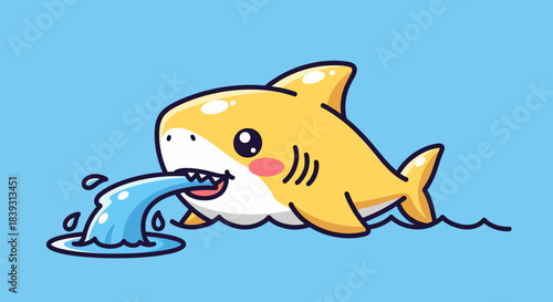 Cute yellow baby shark spitting water cartoon vector icon illustration.