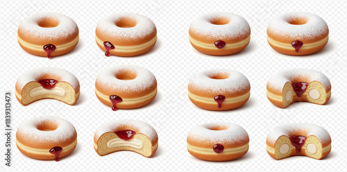 Set of delicious donuts with various fillings and powdered sugar, whole and bitten, isolated on transparent background.