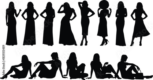 Collection of elegant female silhouettes featuring standing and sitting poses, fashion outfits, stylish shapes and modern woman designs for creative artwork and illustration projects