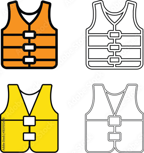 Collection of four essential safety life jacket vest icons featuring colorful designs and outline variations perfect for water sports and outdoor recreational activities