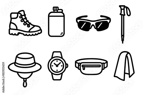 Hiking Gear Icons. Outdoor Activity Essentials linear set: hiking boots, compact water pouch, multi-sport sunglasses, trekking stick, breathable hat, sports watch, waist pack,