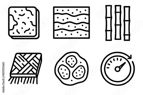 Sustainable Material Icons. Sustainable Natural Components linear set: cork tile, rammed earth layer, bamboo board, raw fiber mat, mineral-rich stone, durability dial.