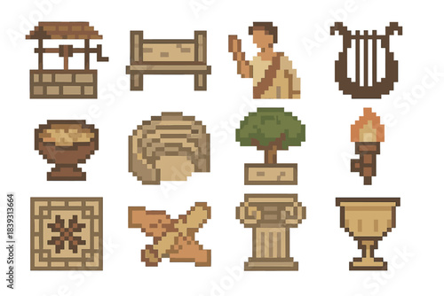 Antique Social Icons. Social Life in Antiquity set of icons in flat pixel vector style: communal well, meeting bench, storytelling gesture, lyre silhouette, shared meal bowl,