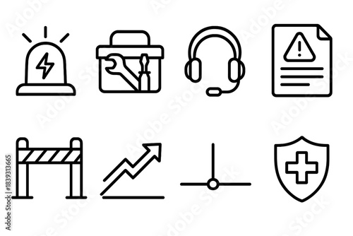 Incident Response Icons. Incident Response Set linear set: emergency beacon, response toolkit, communication headset, incident report, isolation barrier, escalation arrow, timeline