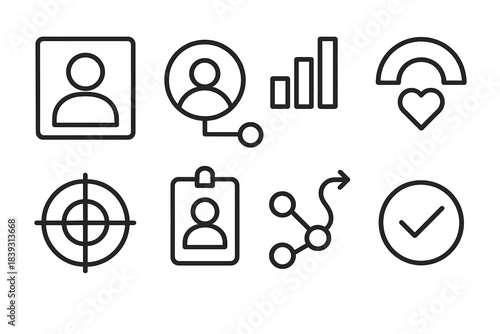Digital Persona Icons. Digital persona structures linear set: avatar tile, profile node, behavior flow bar, preference arc, interaction tracker icon, identity badge, engagement