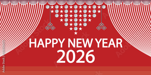 Stage Happy New Year 2026 banner with white text and ribbon on red background. Vector illustration