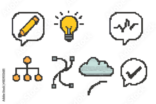 Pixel Art Dialogue Icons. Creative Dialogue Symbols pixel style set: pencil bubble, idea spark, branching nodes, expressive curve, concept cloud, rhythm line, dynamic arc, message