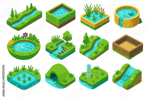 Eco-Friendly Water Solutions. Eco-Centric Water Engineering flat isometric set: vegetated swale channel, permeable basin tray, wetland biofilter cell, groundwater recharge pit,