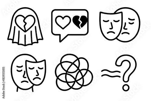 Masked Emotion Icons. Emotional Deception linear set: broken heart veil, mixed-signal bubble, concealed feeling icon, blurred line, false glow, masked emotion, tangled wave,