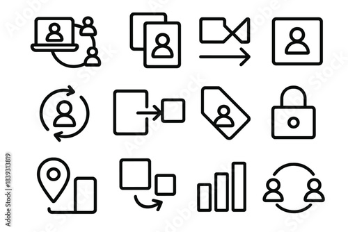 Connected Work Ecosystem Icons. Connected Work Ecosystems linear set: remote-group node, co-creation tile, cross-tool link bar, async update ring, workflow sync arrow, distributed