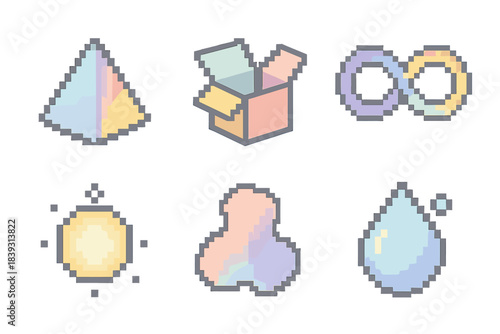 Pixel Art Icon Set. Imagination pixel style set: soft prism, unfolding form, whimsical loop, airy glow, shifting contour, wonder droplet.