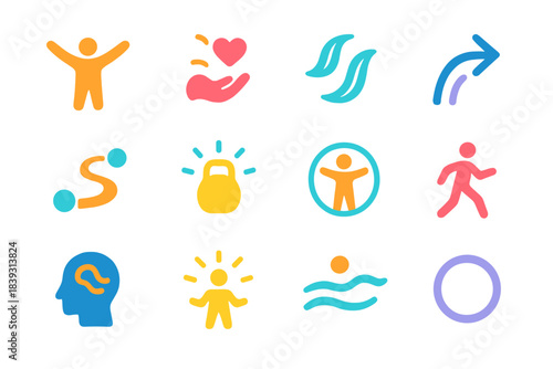 Freedom Icons Design. Personal Freedom Icons flat set: open arms figure, heart release symbol, clarity breeze, self-direction arrow, unbound path, weight-lift glow, personal space