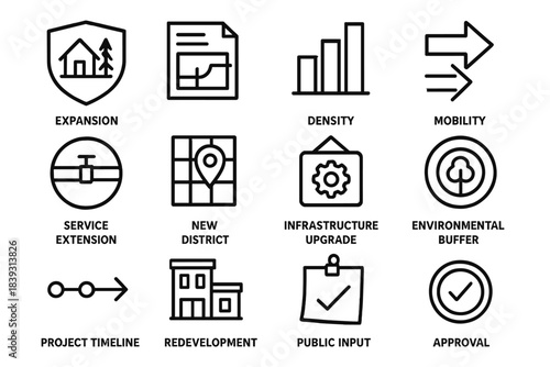 Urban Planning Icons. Urban Growth Strategy Set linear set: expansion zone badge, land-use update sheet, density increase bar, mobility corridor arrow, service extension icon, new