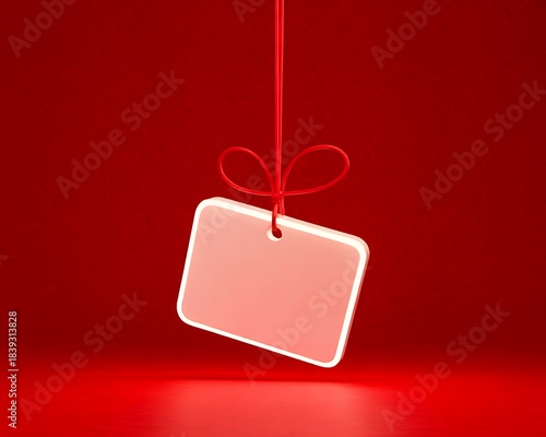 Blank white label hanging from red string bow, vibrant background
