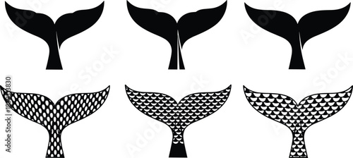 Collection of whale tail silhouettes featuring simple and patterned designs, marine life icons, ocean wildlife symbols, nautical illustration set for decoration