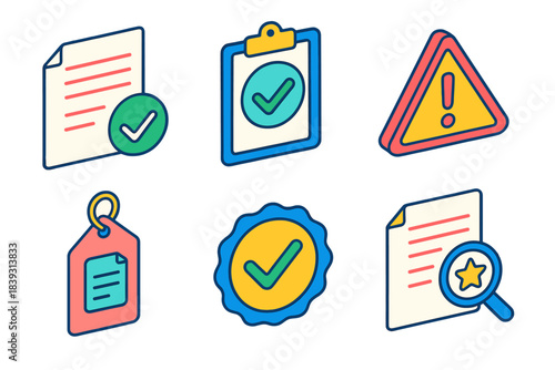Compliance Tools Icons. Compliance Assurance Tools isometric flat set: rule sheet, validation check, hazard symbol, documentation tag, safety seal, review icon.